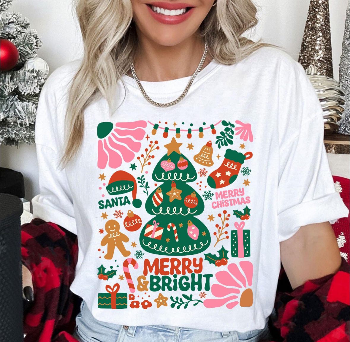 Merry and Bright Pink Doodle Tee