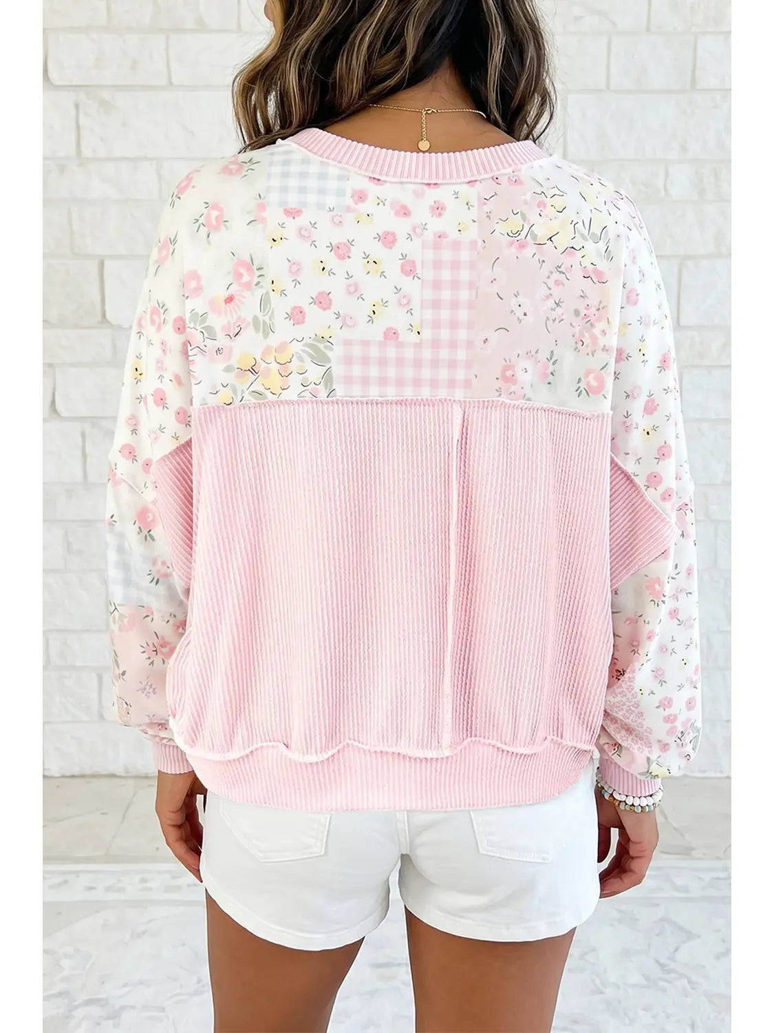 Pink Floral Patchwork Pullover Sweatshirt
