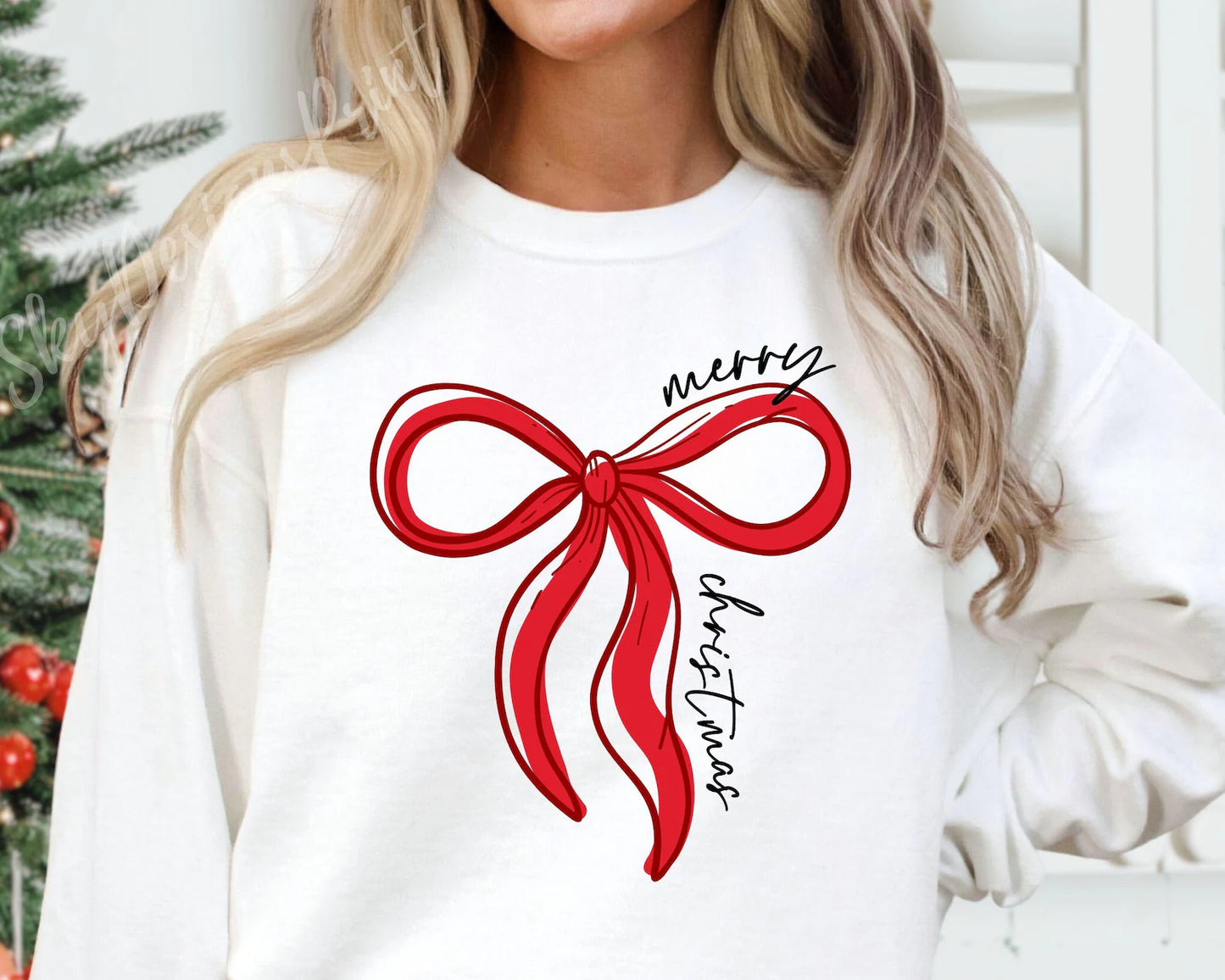 Merry Christmas Script Bow Tee