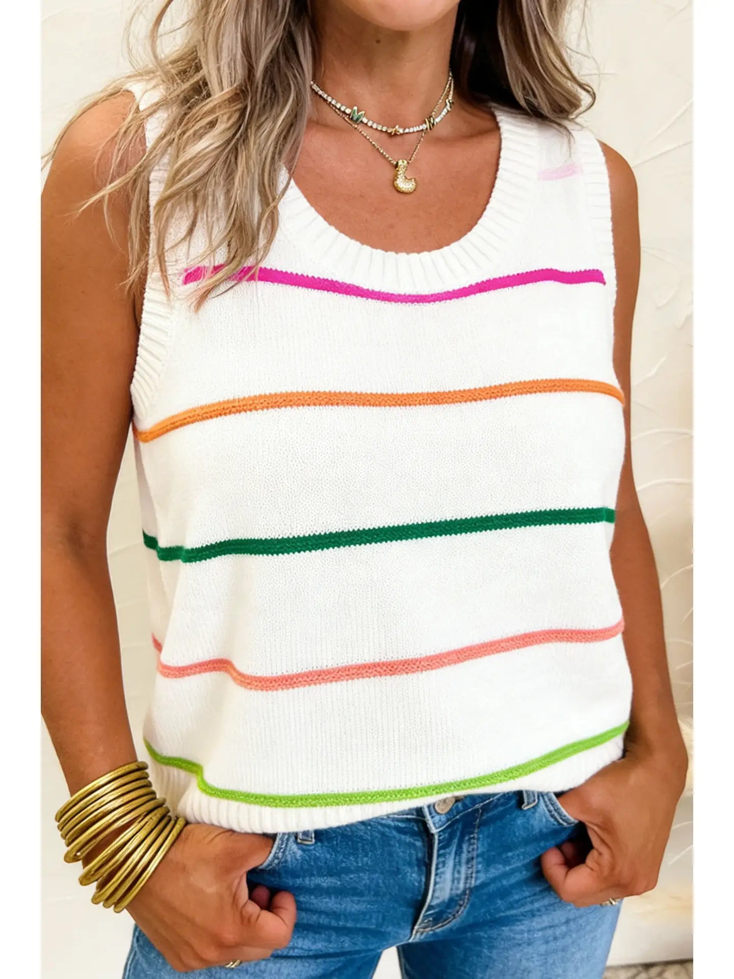 Striped Print Round Neck Sweater Vest