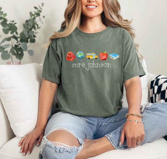 School supplies with name tee
