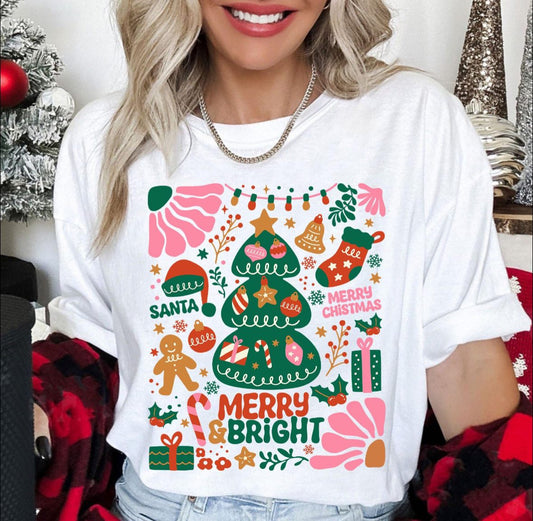 Merry and Bright Pink Doodle Tee