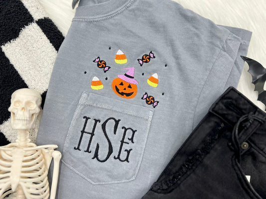 Halloween Monogram Comfort Color Pocket Tees