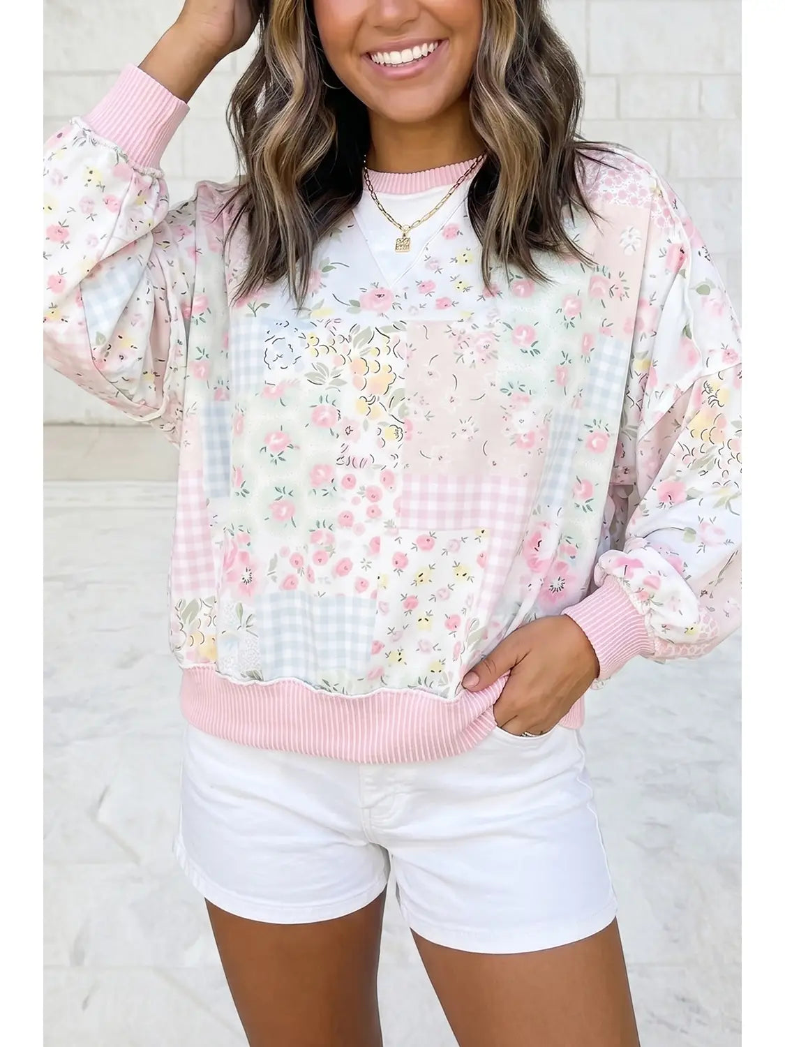 Pink Floral Patchwork Pullover Sweatshirt