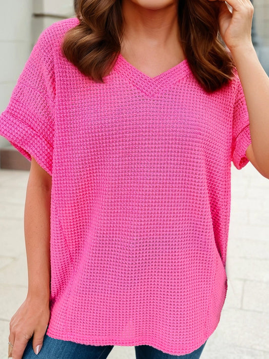 Waffle V-Neck Knit Top- Pink