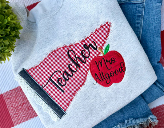 Teacher Pennant and Apple Embroidery