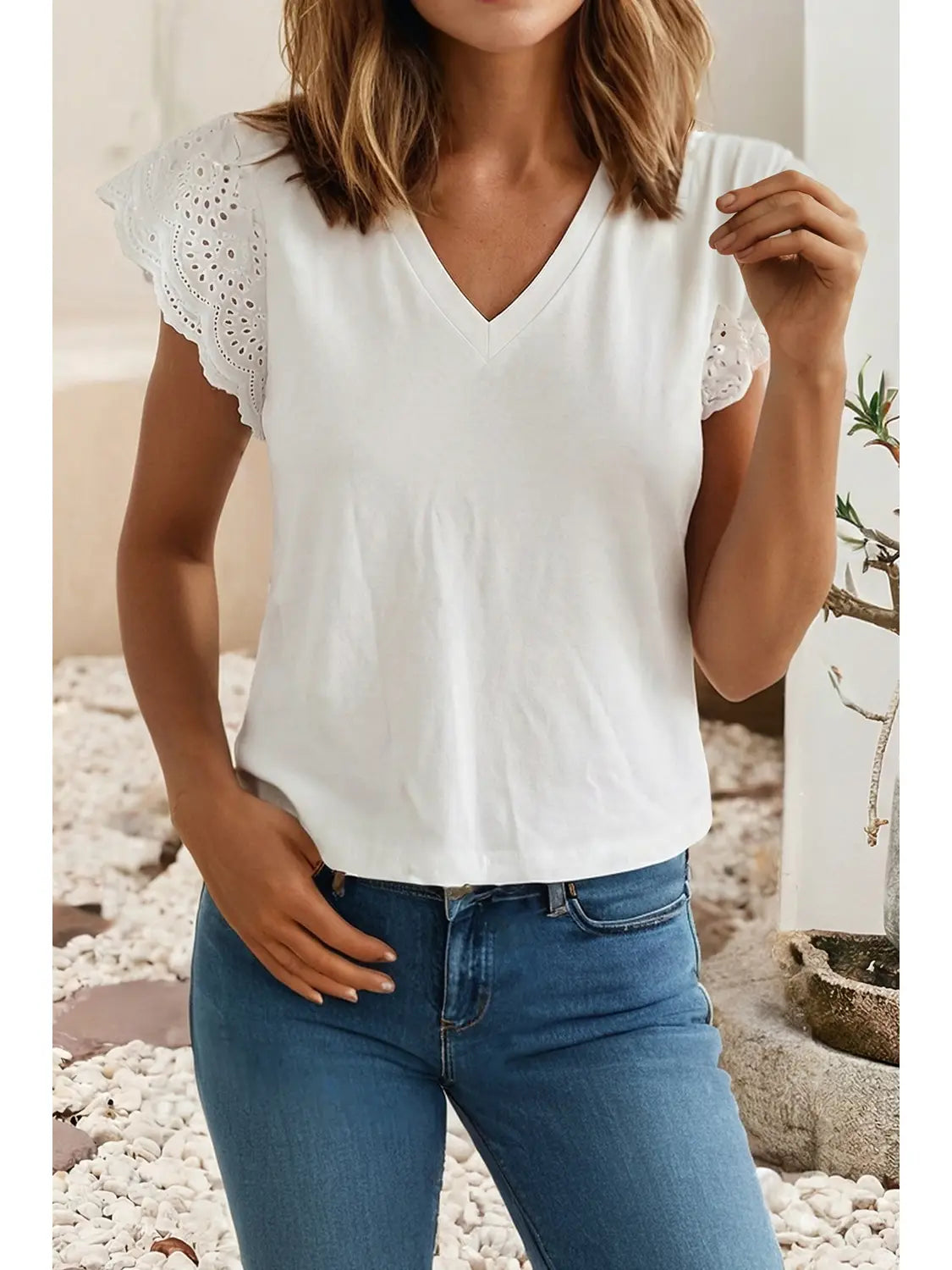 White V-Neck Eyelet Flutter Sleeve Tee