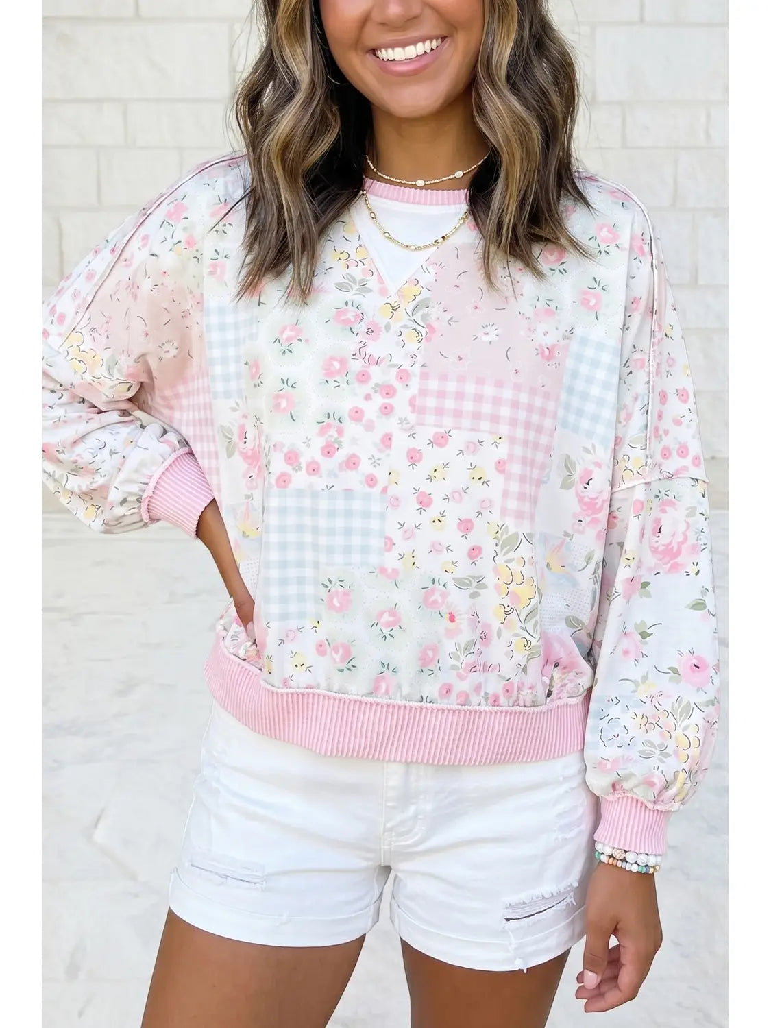 Pink Floral Patchwork Pullover Sweatshirt