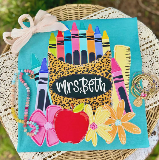 Leopard Crayons Personalized Teacher Tee