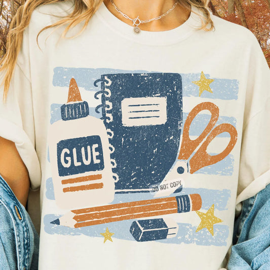 Distressed Bue School Supplies Tee